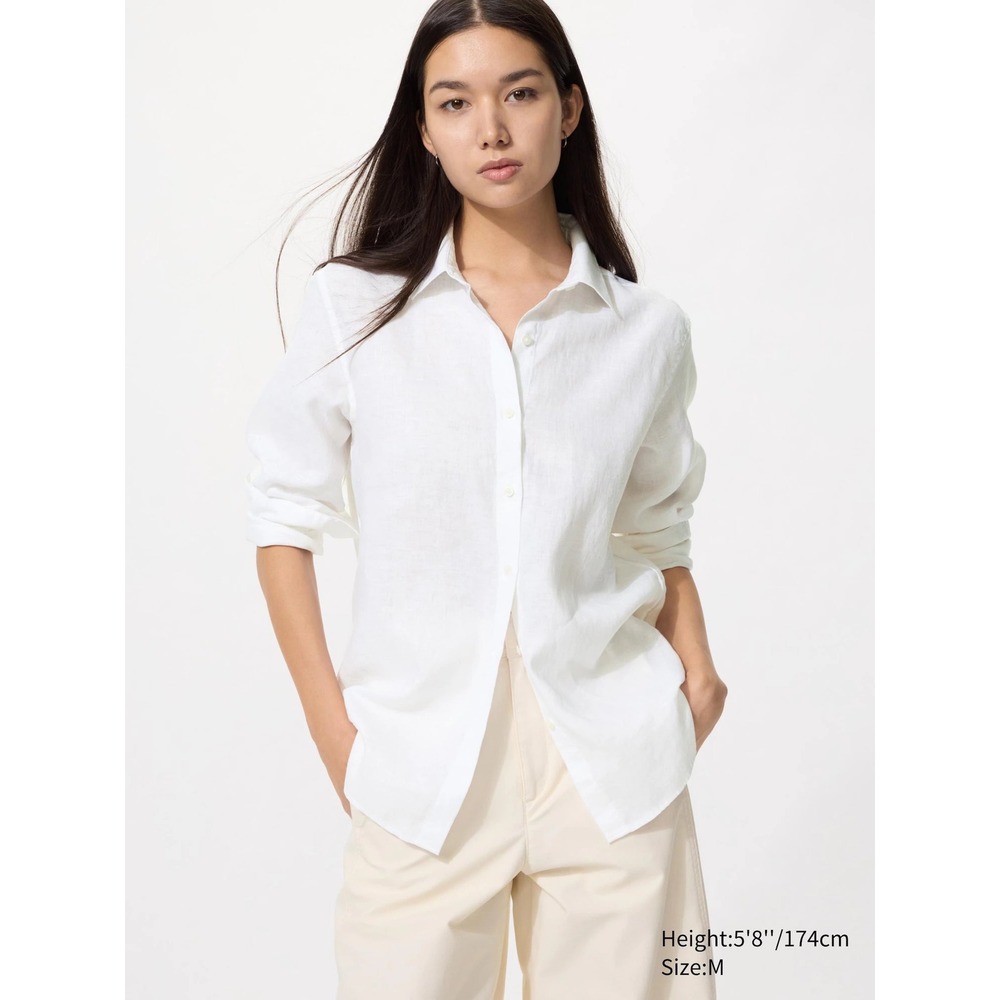 Uniqlo Premium Linen Shirt Womens XL White Long Sleeve Button Up 483868